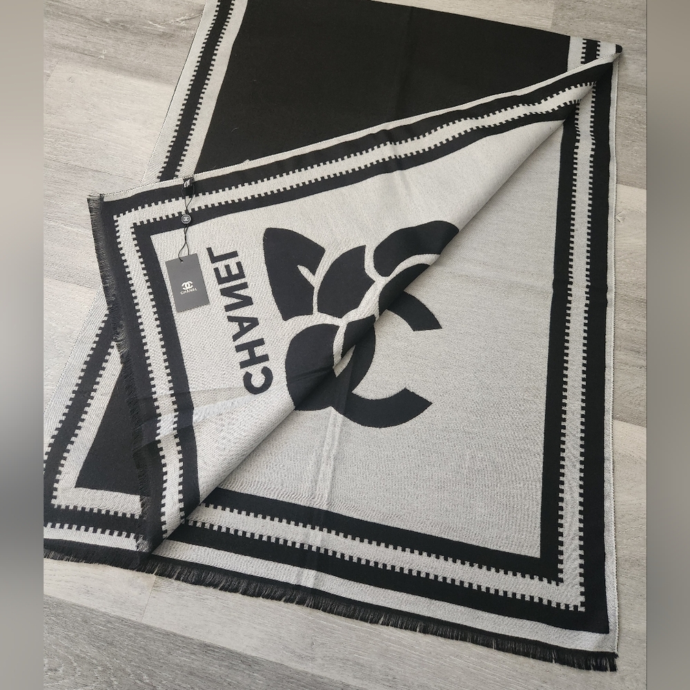 Chanel Black and White Scarf, GWP, Gift,  Cashmere, Camellia Flower, NWT
